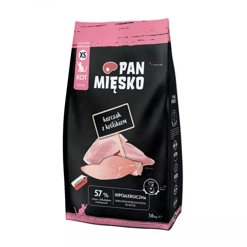 Sausā kaķu barība Pan Miesko Chicken with Rabbit XS 1.6 kg — mazi kumosiņi, junior kaķiem, 39% proteīna