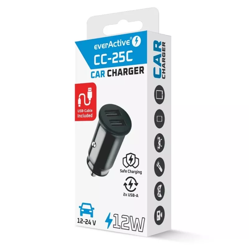 auto lādētājs everActive CC-25C 2x USB-A + USB-C, 12W, iebūvēts automašīnas USB strāvas adapteris