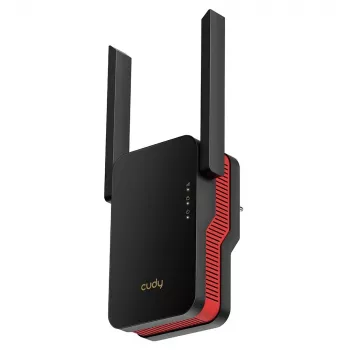 Wi‑Fi signāla pastiprinātājs Cudy RE3000 2400–5000 MHz, 802.11ax/ac/n/g/b/a, Ethernet 100 Mbps, ārējā antena, melns/sarkans