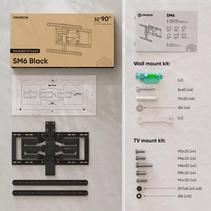 TV grīdas statīvs ONKRON SM6-B 32–90 collu ekrāniem, 50 kg nestspēja, VESA 200x200–600x400, slīpums -10–5°, pagriešana 40°