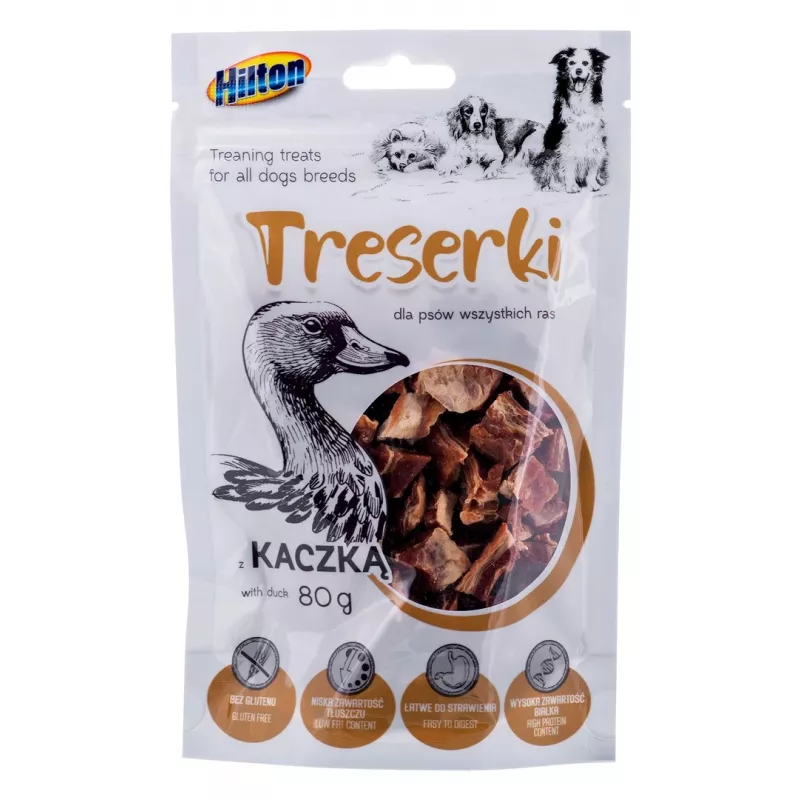 Suņu apmācības kārumi Hilton Treaning Treats Duck 80 g — mīkstie apmācības našķi ar pīles garšu