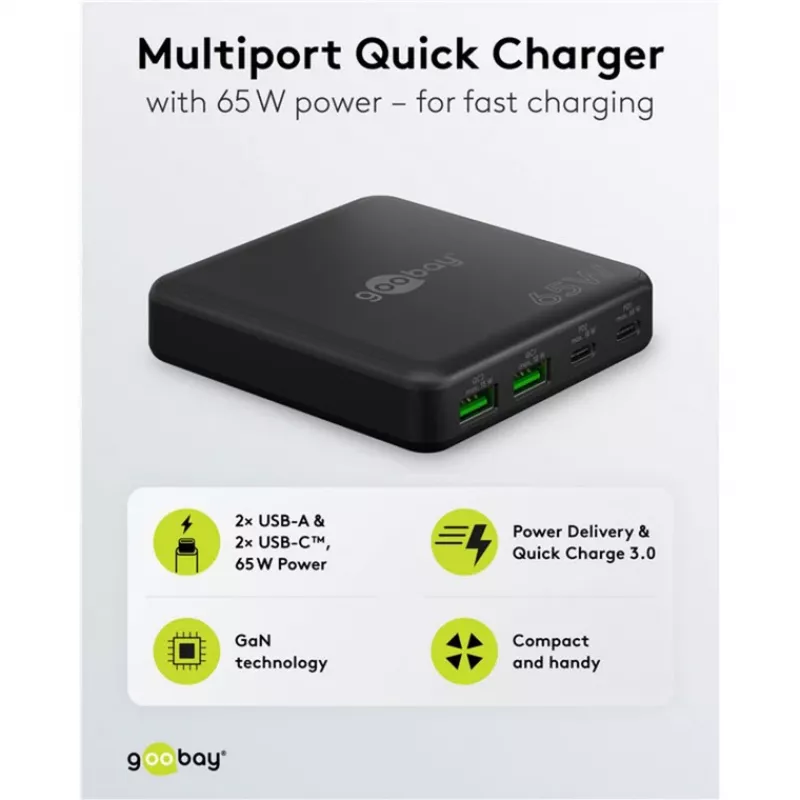 GOOBAY multiportu USB-C PD GaN galda lādētājs 65 W, melns