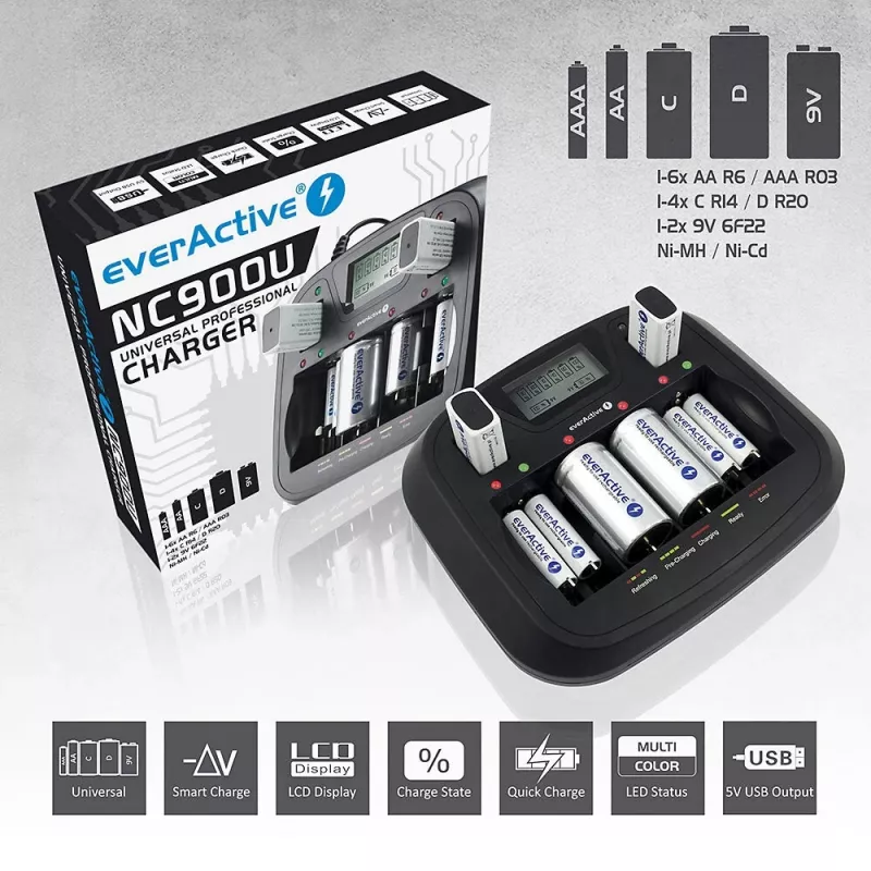 Baterijas lādētājs everActive NC-900U Universal DC — lādē AA, AAA, C, D, 9V, līdz 6 šūnām, melns