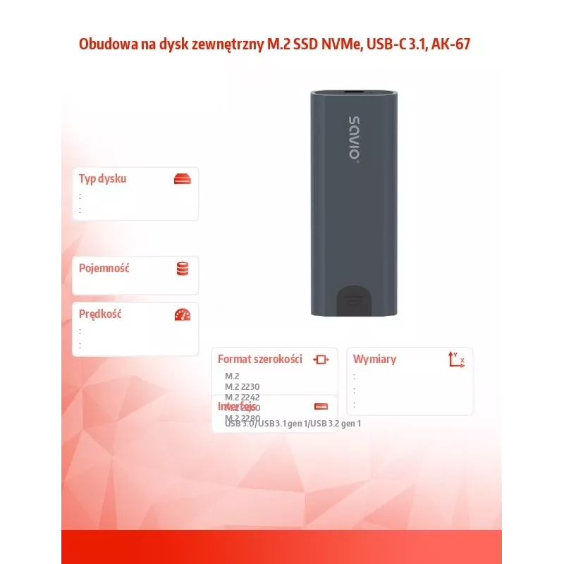 M.2 SSD korpuss SAVIO AK-67 pelēks, USB 10 Gbit/s, atbalsta vienu M.2 disku