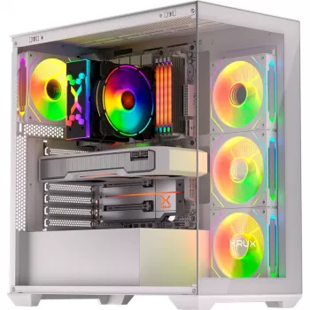 PC korpuss KRUX Exo RGB balta — ATX tornis, tērauds, 2x3,5 collu + 2x2,5 collu nodalījumi, USB-C, RGB