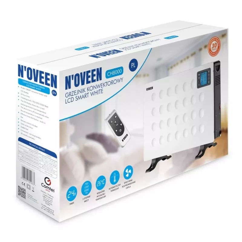 Konvektora elektriskais sildītājs NOVEEN CH8000 — 2000 W, 3 jaudas līmeņi, taimeris, tālvadības pults, balts