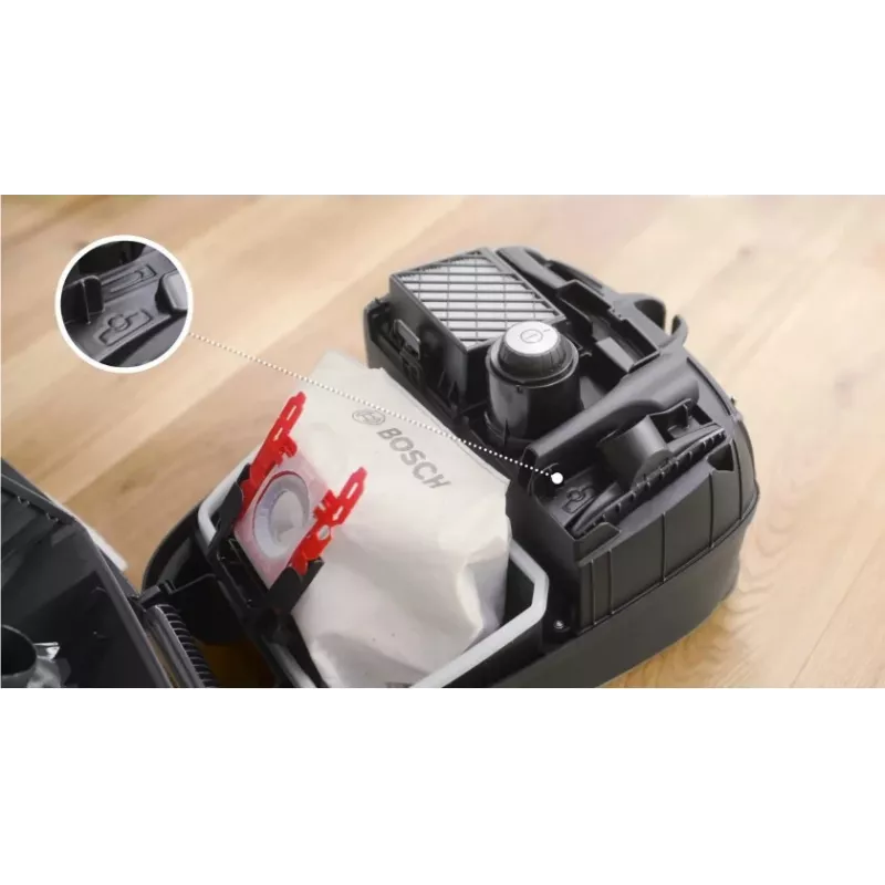 Putekļsūcējs Bosch BGB 41RD3H — 600 W, 4 L putekļu maisiņš, HEPA filtrs, 11 m darba rādiuss, teleskopiskā caurule, sarkans