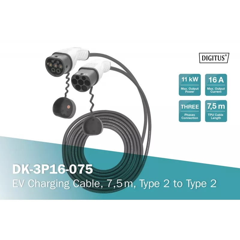 Digitus EV uzlādes kabelis 7,5 m 2. tipa uz 2. tipu 16 A 415 V