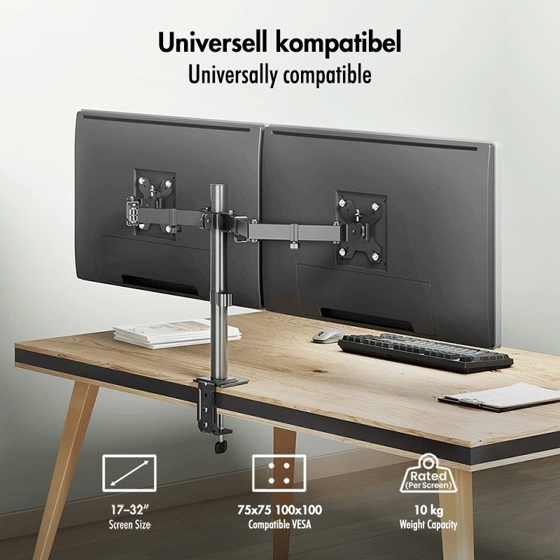 Divu monitoru stiprinājums 17-32 collām, 10 kg uz vienu roku