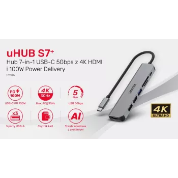USB-C centrmezgls Unitek 7in1 Aluminium PD 100W 5 Gbps — multiportu adapteris ar Power Delivery