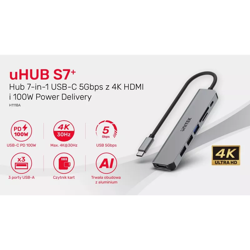 USB-C centrmezgls Unitek 7in1 Aluminium PD 100W 5 Gbps — multiportu adapteris ar Power Delivery