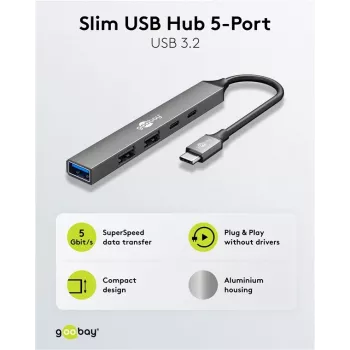 Goobay Slim 5-Portu USB centrmezgls, USB-C™ uz USB-C™/USB-A, USB 3.2 (74460)