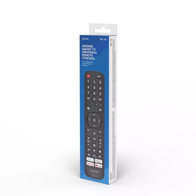 Universāla tālvadības pults SAVIO RC-14 Hisense Smart TV, IR bezvadu, atbalsta 14 ierīces, diapazons līdz 10 m, melna