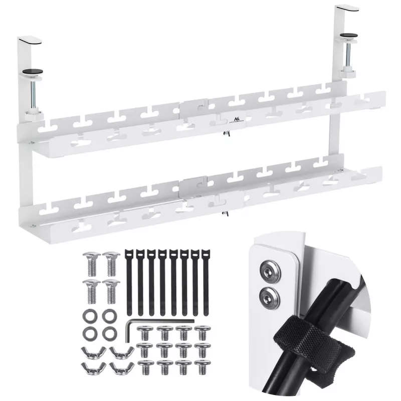 Zemgalda kabeļu organizators MACLEAN MC-102W — tērauda stiprinājums zem galda, regulējams garums, piemērots 0,5–5 cm galdiem, slodze 5 kg, balts