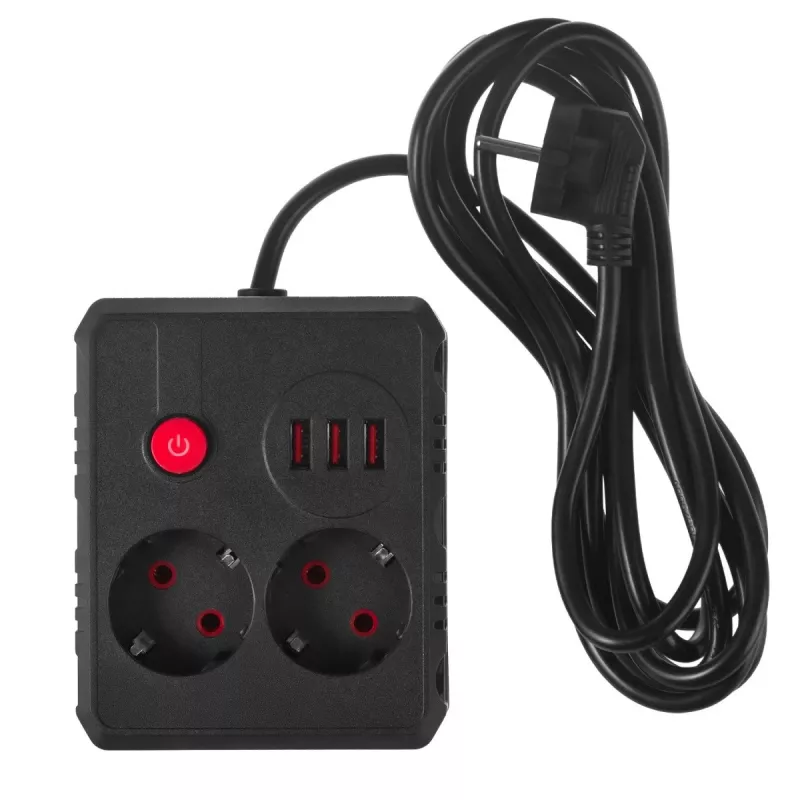Strāvas sadalītājs MACLEAN MCE388 B — 2 maiņstrāvas rozetes, 3×USB A, 110–120V 50/60Hz, 2500W, 3 m kabelis, melns