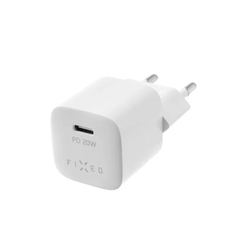 USB-C ceļojumu lādētājs FIXED FIXC20M-CL-WH ar iebūvētu USB-C uz Lightning kabeli, 20W