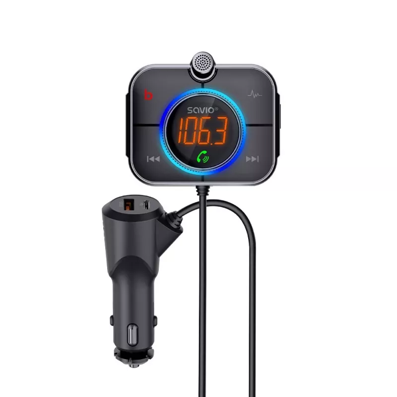FM raidītājs SAVIO TR-14 Bluetooth USB, FM 87.6–107.9 MHz, MicroSD, USB-C, 12 V automašīnas barošana