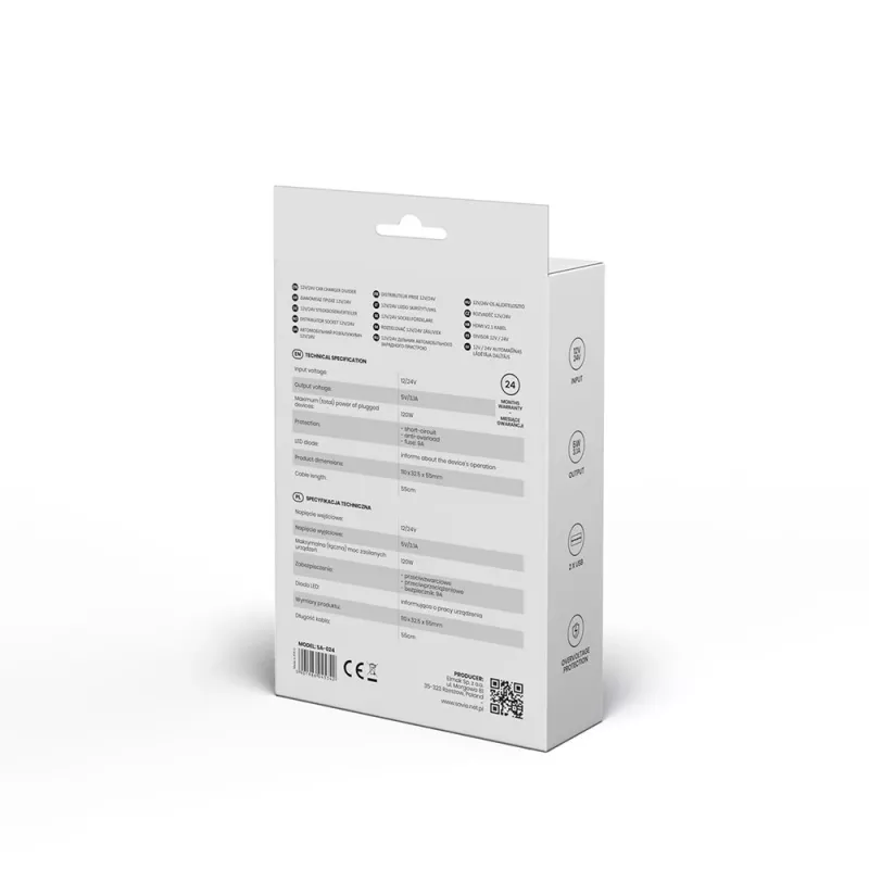 Automašīnas USB lādētājs SAVIO SA-024 — universāls mobilo ierīču lādētājs, ieeja 12–24 V, izeja 5 V, melns, cigarešu aizdedzinātāja ligzdai