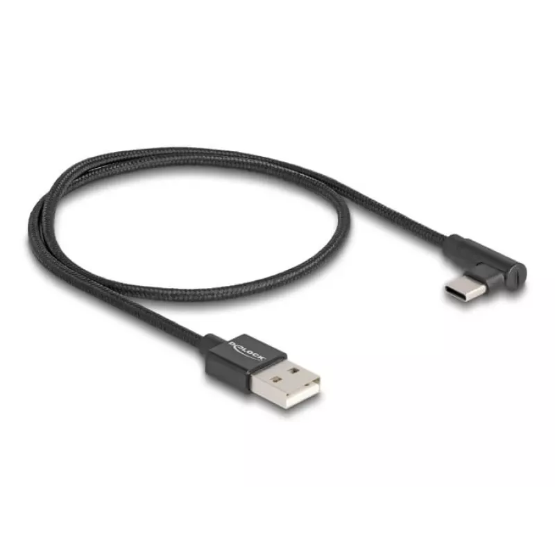 DeLOCK USB 2.0 kabelis, Type-A vīriešu uz Type-C vīriešu, leņķveida, 0,5 m, melns