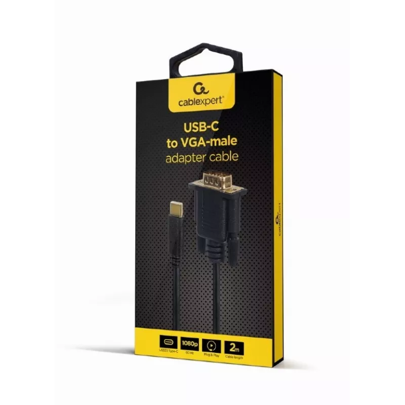 USB grafiskais adapteris Gembird A-CM-VGAM-01, USB-C uz VGA, 1920x1080, 0,15 m kabelis, melns