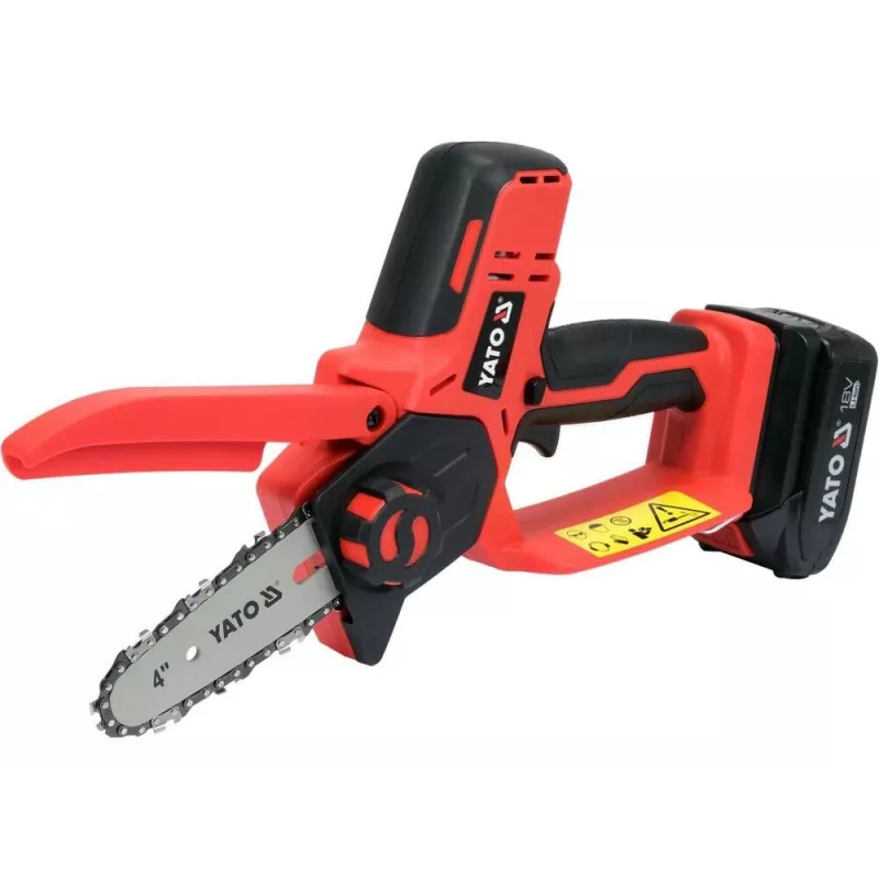 Akumulatora ķēdes zāģis YATO YT-828135 — 18V Li-Ion 2Ah, 10 cm sliede, 3200 RPM, 4,8 m/s ķēdes ātrums, 26 posmi