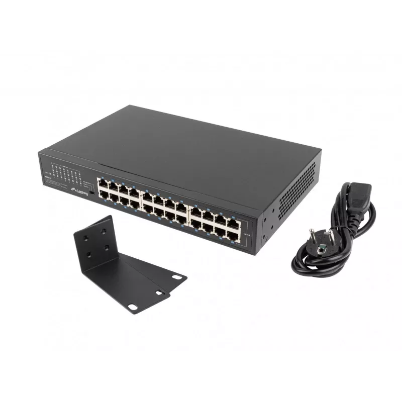 Nepārvaldāms komutators LANBERG RSGE-24 — 24× Gigabit Ethernet 1U, montējams statīvā, melns