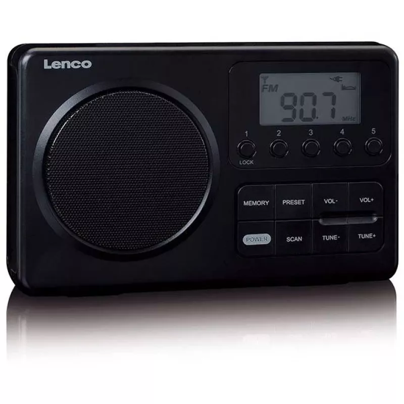 Pārnēsājams radio Lenco MPR-035BK — FM/AM, tīkla un bateriju barošana, 2,5 collu LCD, 20 FM iepriekšiestatījumi, 3,5 mm izeja