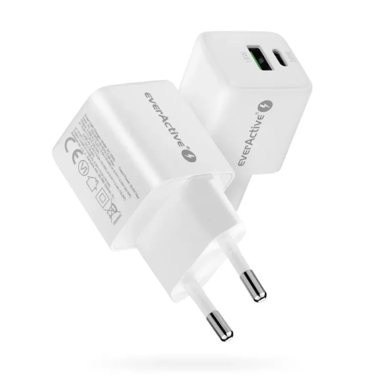 Sienas lādētājs everActive SC-330Q ar 1x USB-A un 1x USB-C pieslēgvietām, 20 W, balts
