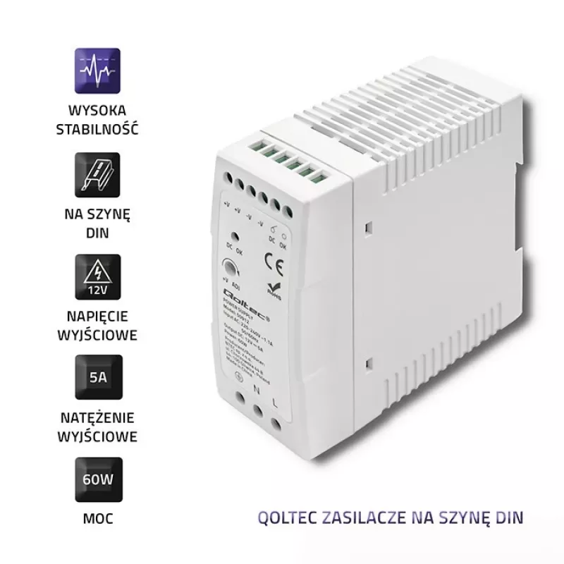 Qoltec DIN sliedes barošanas bloks | 60W | 12V | 5A | Balts | Plāns