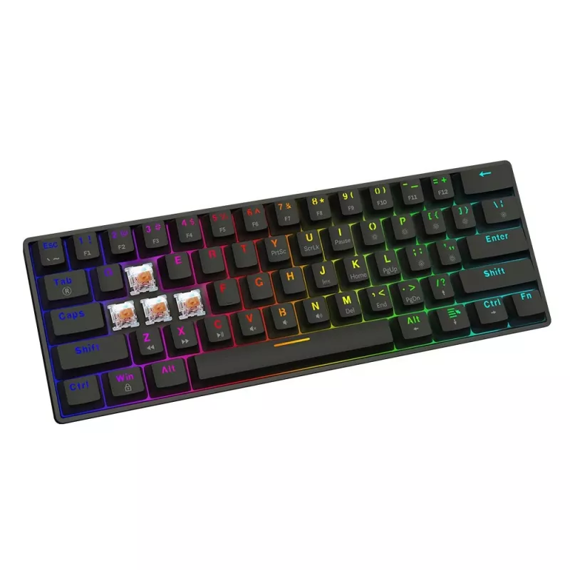 Mehāniskā spēļu tastatūra SAVIO MelnsOUT X2 PEACH — 61 taustiņu 60% QWERTY, RGB LED, hot-swap, USB Type-A/Type-C, noņemams kabelis