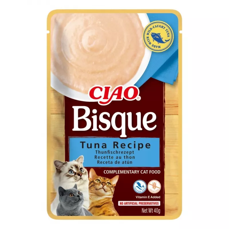 Mitrā kaķu uzkoda INABA CIAO Bisque — tuncis, liellopu gaļa, vista 40 g paciņās, 24 gab. iepakojumā