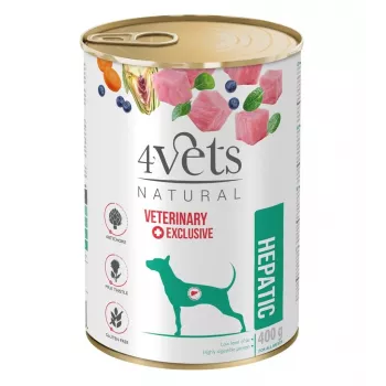 Konservēta mitrā suņu barība 4vets Natural Hepatic 400 g — veterinārā diēta aknu atbalstam, tītara gaļa, 77% mitrums