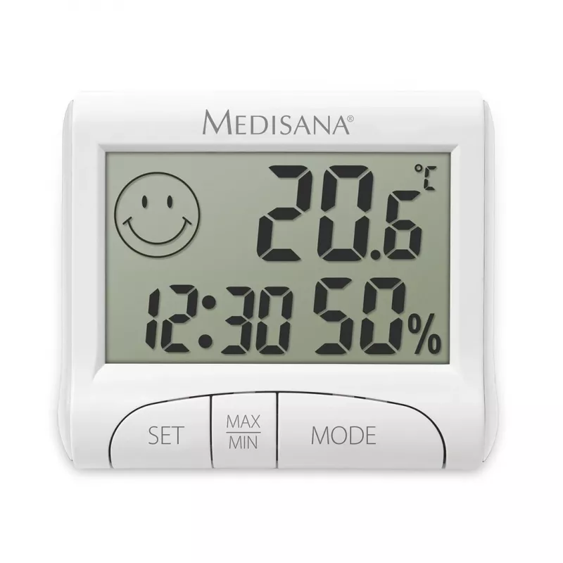 Elektronisks iekštelpu higrometrs Medisana HG 100 — digitāls termometrs, mitrums 20–90%, temp -10–50 °C, galda displejs, AAA baterija