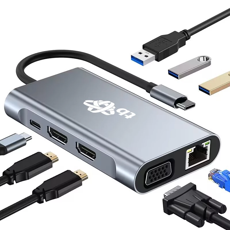 HUB 8-in-1 adapteris USB-C HDMI x2 USB VGA RJ45 PD