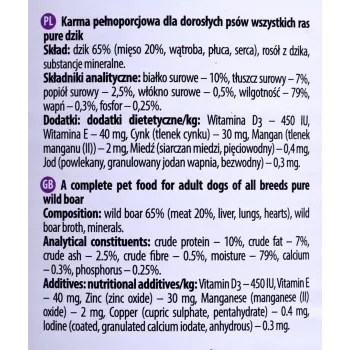 Mitrā suņu barība Dolina Noteci Boar Adult 800 g — Monoproteīna brieža gaļa, 10% olbaltumvielu, 7% tauku