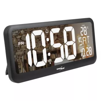 Liels digitālais pulkstenis stiprināšanai pie sienas vai brīvstāvošs ar temperatūras sensoru 37x17 cm LCD displejs strāvas adapteris un darbojas ar baterijām