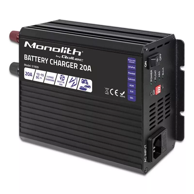 Lādētājs QOLTEC Monolith 20A 12V LiFePO4, AGM, GEL, SLA akumulatoriem