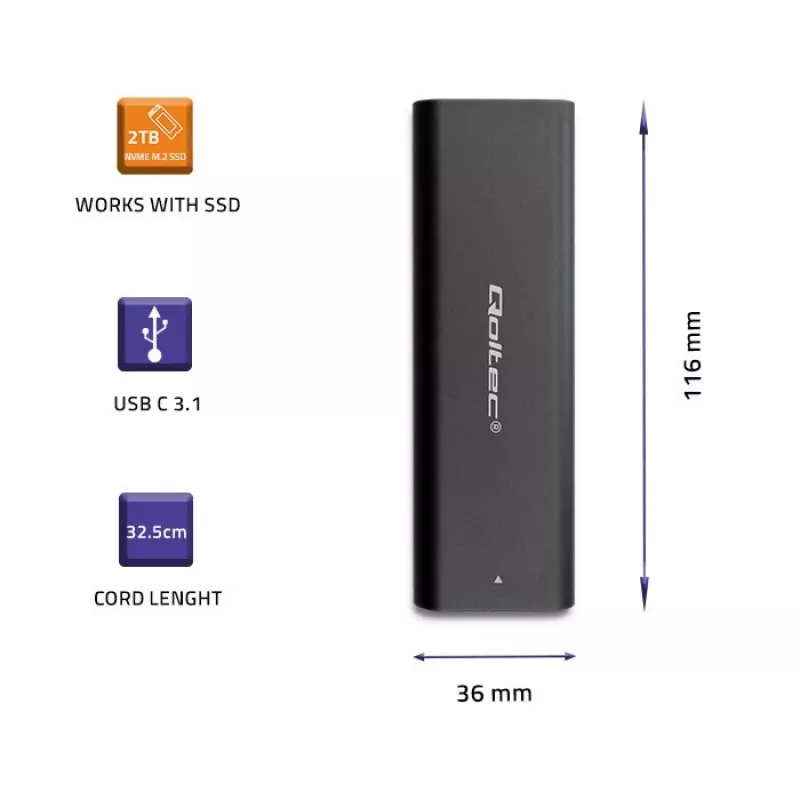 SSD korpuss QOLTEC 50312 melns vienam M.2 SATA diskam, USB Type-C (USB 2.0 / 3.2 Gen 1)