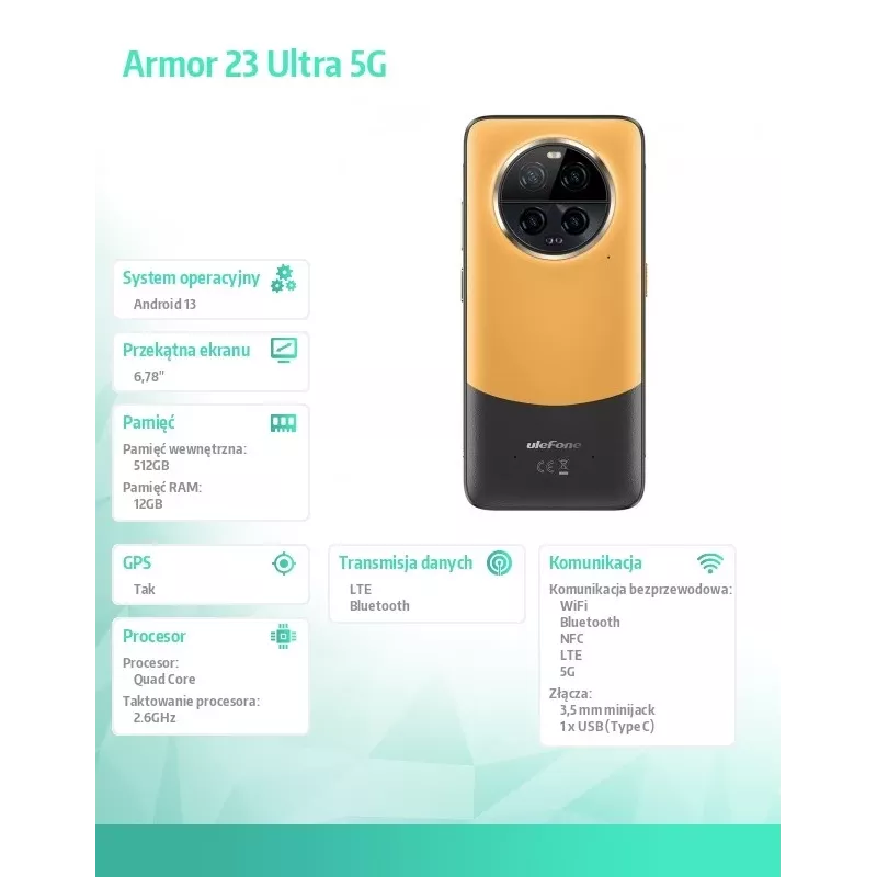 Rugged viedtālrunis UleFone Armor 23 Ultra 5G — 12 GB RAM, 512 GB atmiņa, oranžā krāsā