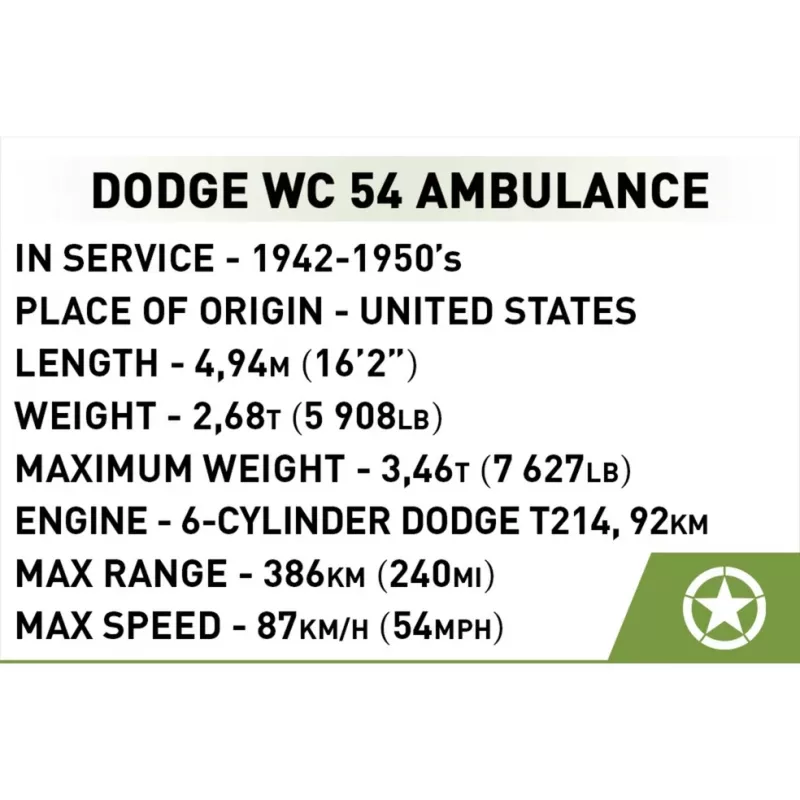 Konstruktors Cobi Dodge WC-54 Ambulances modelis 2257 1:35 mēroga būvēšanas komplekts