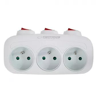 Strāvas sadalītājs ESPERANZA ELK307W — 3 ligzdu slēdzams iekštelpu adapteris, E tipa spraudnis, 220–240 V, 16 A, 3680 W, balts