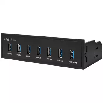 LogiLink USB 3.0 centrmezgls, 7 portu 5.25 iekšējais, ar ātrās uzlādes portu - Centrmezgls - 6 x SuperSpeed USB 3.0 + 1 x SuperSpeed USB 3.0 (uzlādei)