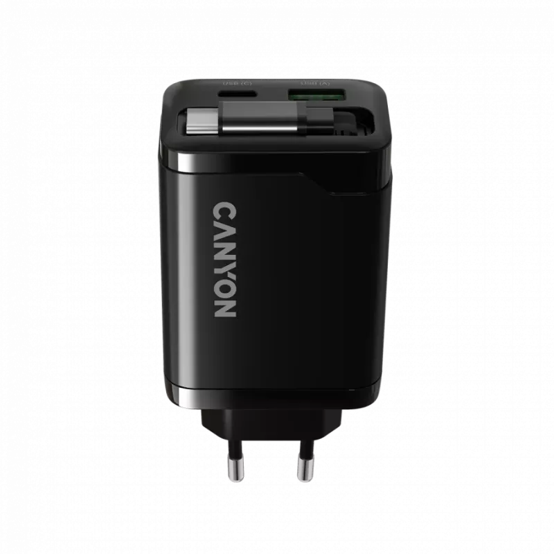 Lādētājs CANYON OnCharge 65RC ar iebūvētu USB-C vadu, 65W, 1x PD, 1x QC, ES kontaktdakša, melns