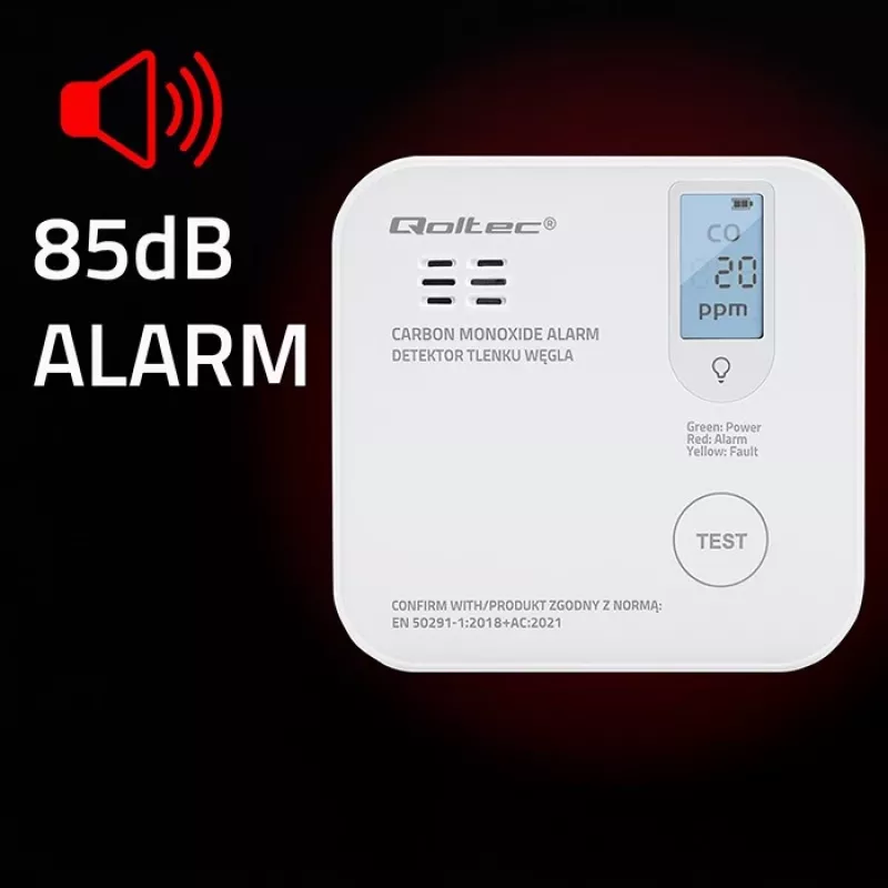 Oglekļa monoksīda sensors QOLTEC 52577 — ar baterijām darbināma signalizācija, 85 dB skaņas līmenis