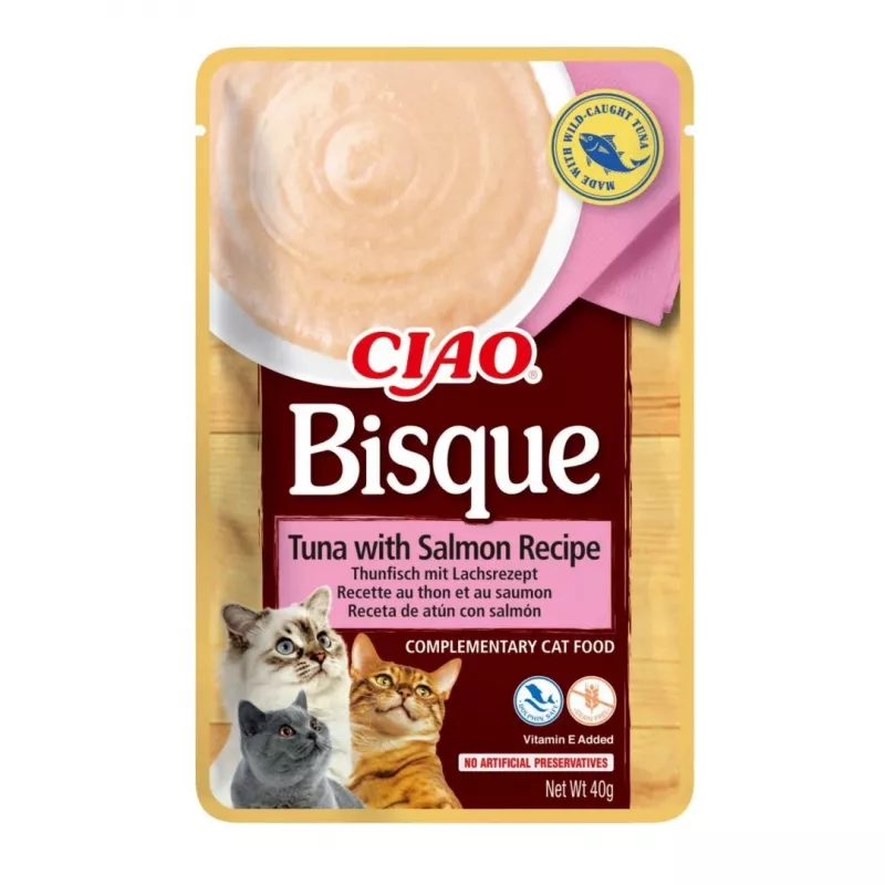 Mitrā kaķu uzkoda INABA CIAO Bisque — tuncis, liellopu gaļa, vista 40 g paciņās, 24 gab. iepakojumā