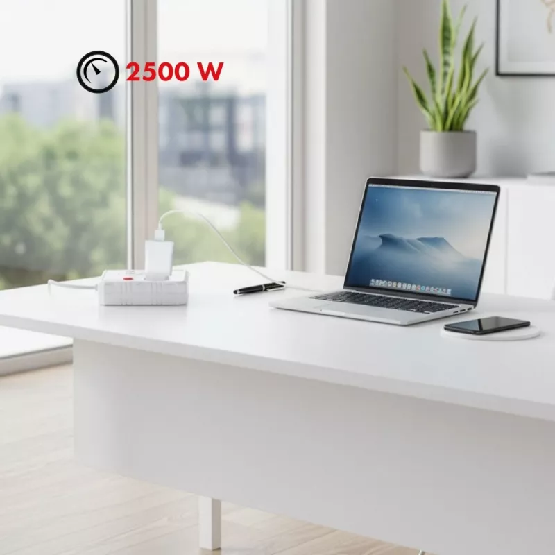 Strāvas sadalītājs MACLEAN MCE387 W — 2 rozetes, 3×USB A, 110–240V, 2500W, 1,5 m kabelis, balts