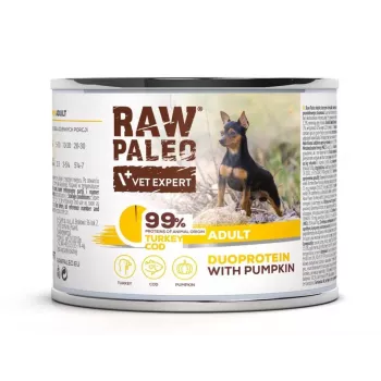 Mitrā suņu barība VETEXPERT RAW PALEO Duoprotein tītars un menca pieaugušiem suņiem 200 g, bundža, 82% mitrums, 10,3% olbaltumvielas