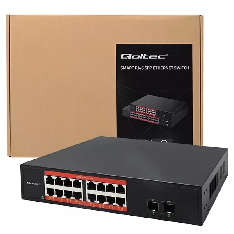 Tīkla slēdzis QOLTEC 52364 — Gigabit Ethernet PoE 16xRJ45, 2xSFP