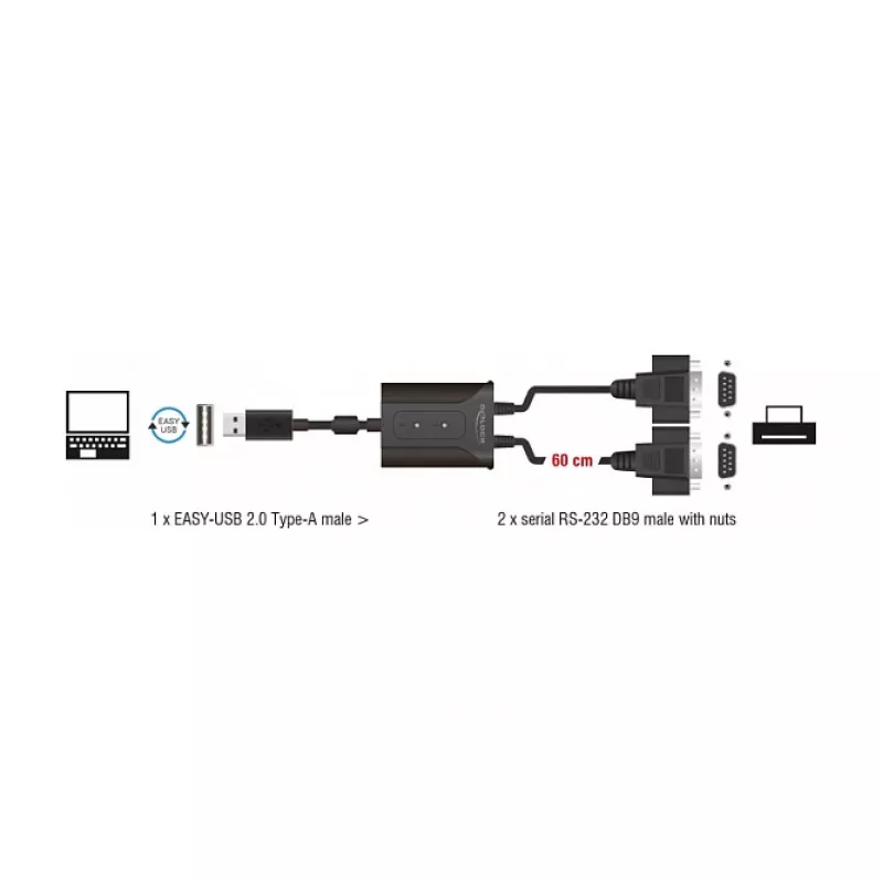 Seriālais kabelis DeLOCK 63950 USB 2.0 Type-A 2 x RS-232 DB9 Melns 0,6 m