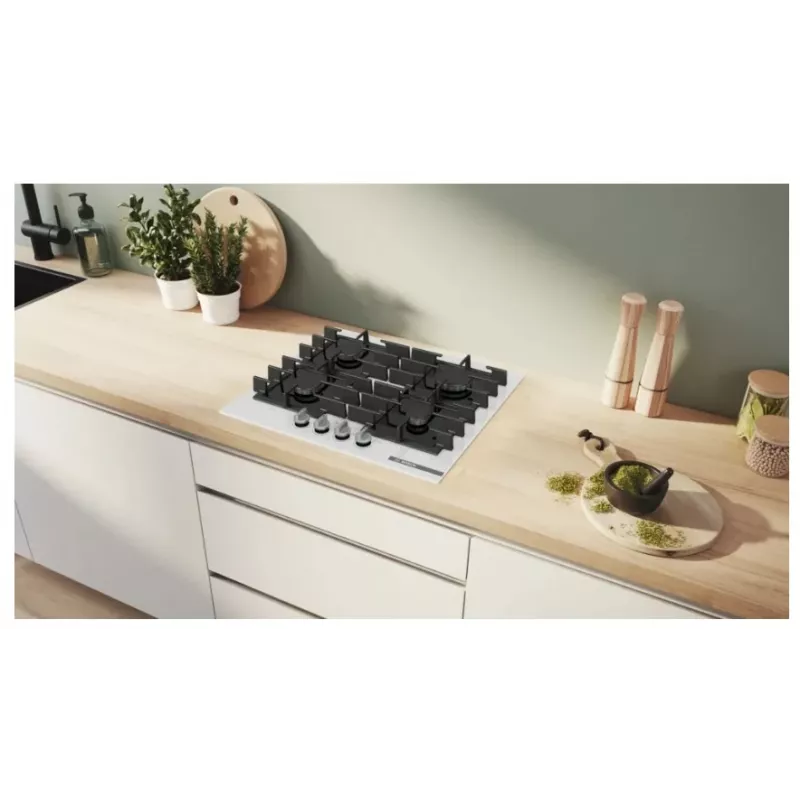 Iebūvējamā gāzes plīts virsma Bosch PPP6A2I40, 4 zonas, čuguna restes, melna, 590×520×54 mm, rotācijas slēdžu vadība